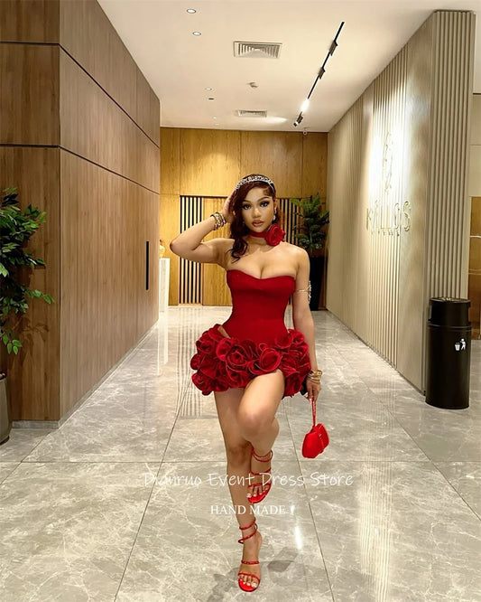 Dianruo Satin Sweetheart Prom Dress Red Above Knee Ruched Birthday Dresses Floral Appliques Romantic Evening Dresses Customized