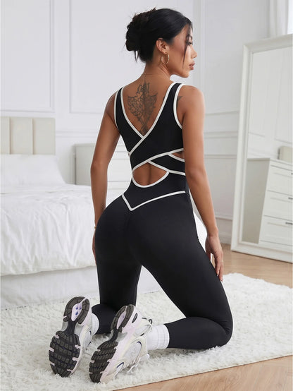 Women Criss Cross Cutout Contrast Piping Workout Jumpsuit Sleeveless Sculpting Yoga Bodysuit