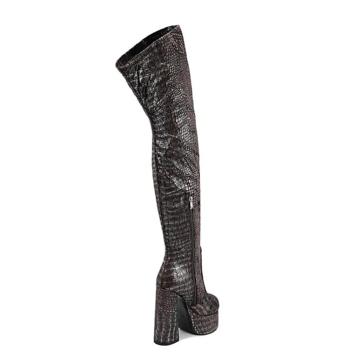 15CM Chunky Heel Platform Woman Over-the-knee Snake Pattern Boots Wild T Show Shoes Sexy Slimming Stretch Thigh Boots For Women