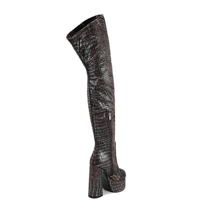15CM Chunky Heel Platform Woman Over-the-knee Snake Pattern Boots Wild T Show Shoes Sexy Slimming Stretch Thigh Boots For Women