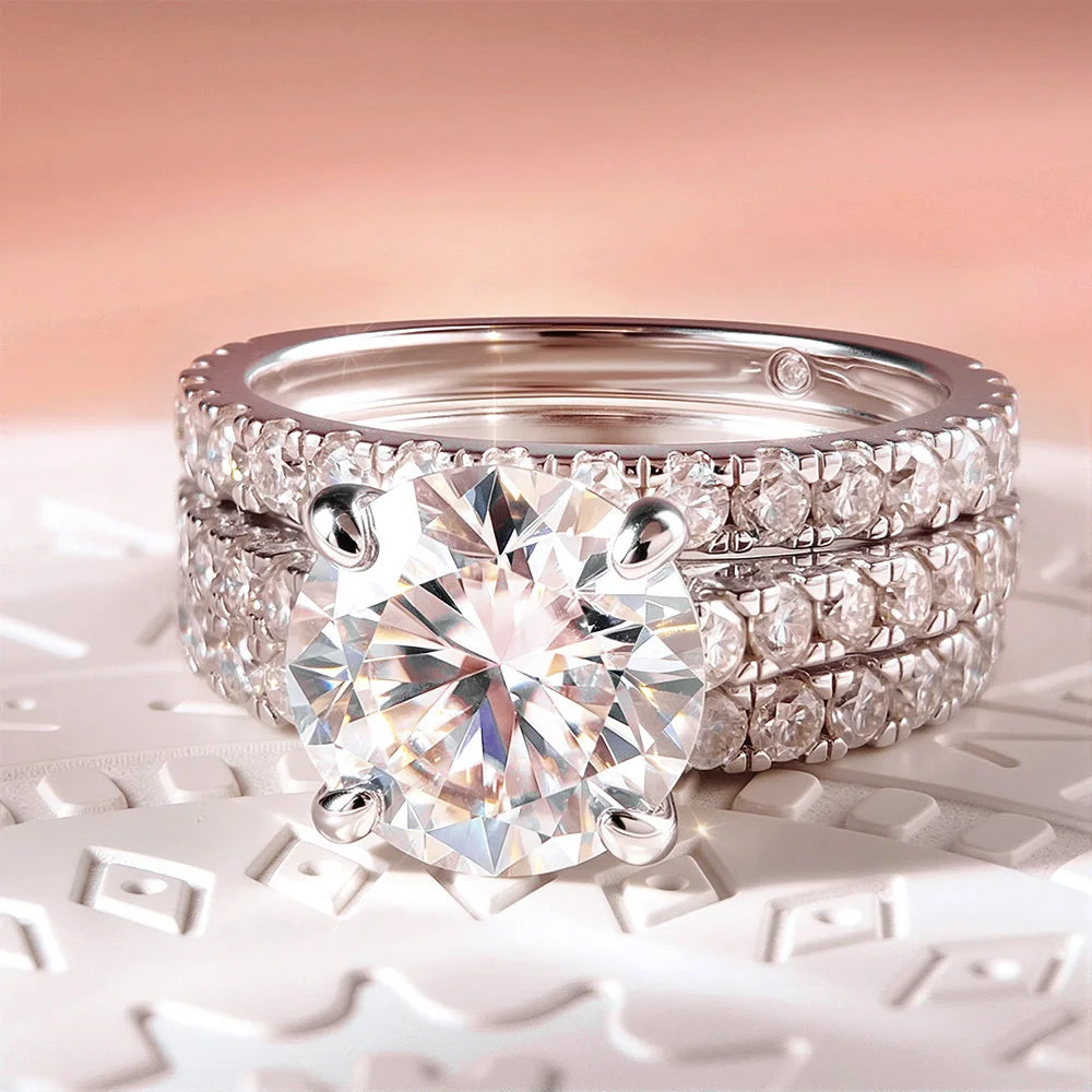 OEVAS 3ct (Total 3.63ct) Round Cut D Color Moissanite Bridal Ring Set Wedding Band 18K Gold Plated 925 Silver Rings Fine Jewelry