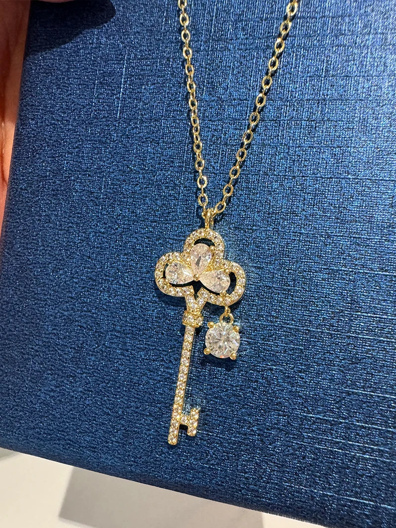 OXTAO Brilliant Moissanite Big Key Pendant for Women D VVS1 Clavicle Chain Flower Necklace Anniversary Jewelry 14K Gold Filled