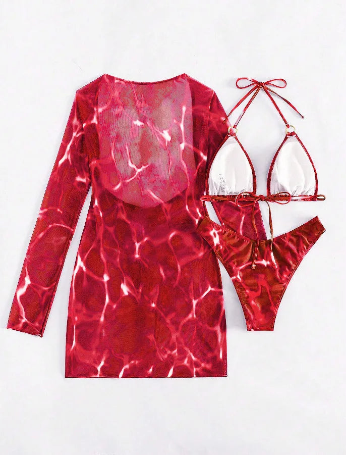 3 Piece Bikini Set Women Swimsuit Halter Cutout Metal Ring Mesh Cover Up Beach Dress Swimwear Bathing Suit