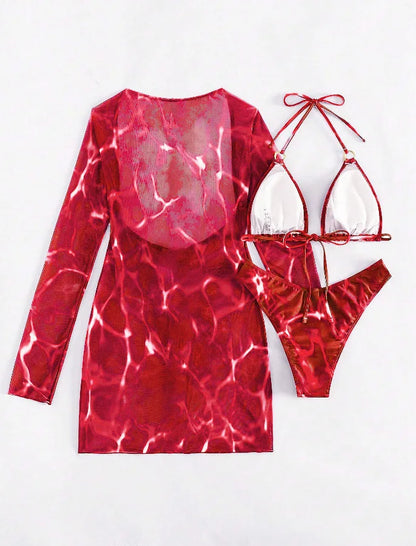 3 Piece Bikini Set Women Swimsuit Halter Cutout Metal Ring Mesh Cover Up Beach Dress Swimwear Bathing Suit