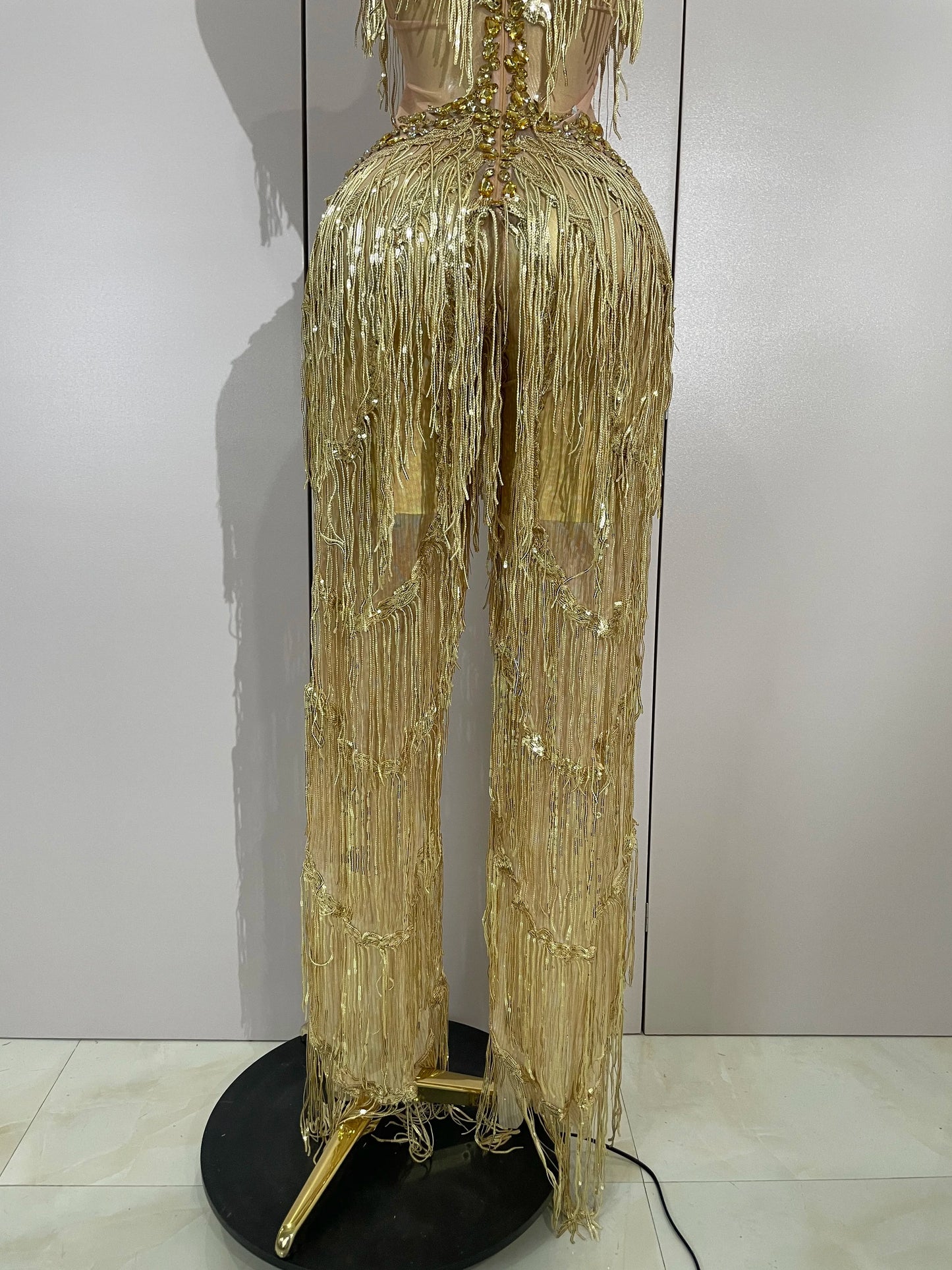 Sparkly Black Rhinestones Sequined Fringe Jumpsuit Women Sexy Nightclub Party Birthday Outfit Show Singer Stage Perform Costume