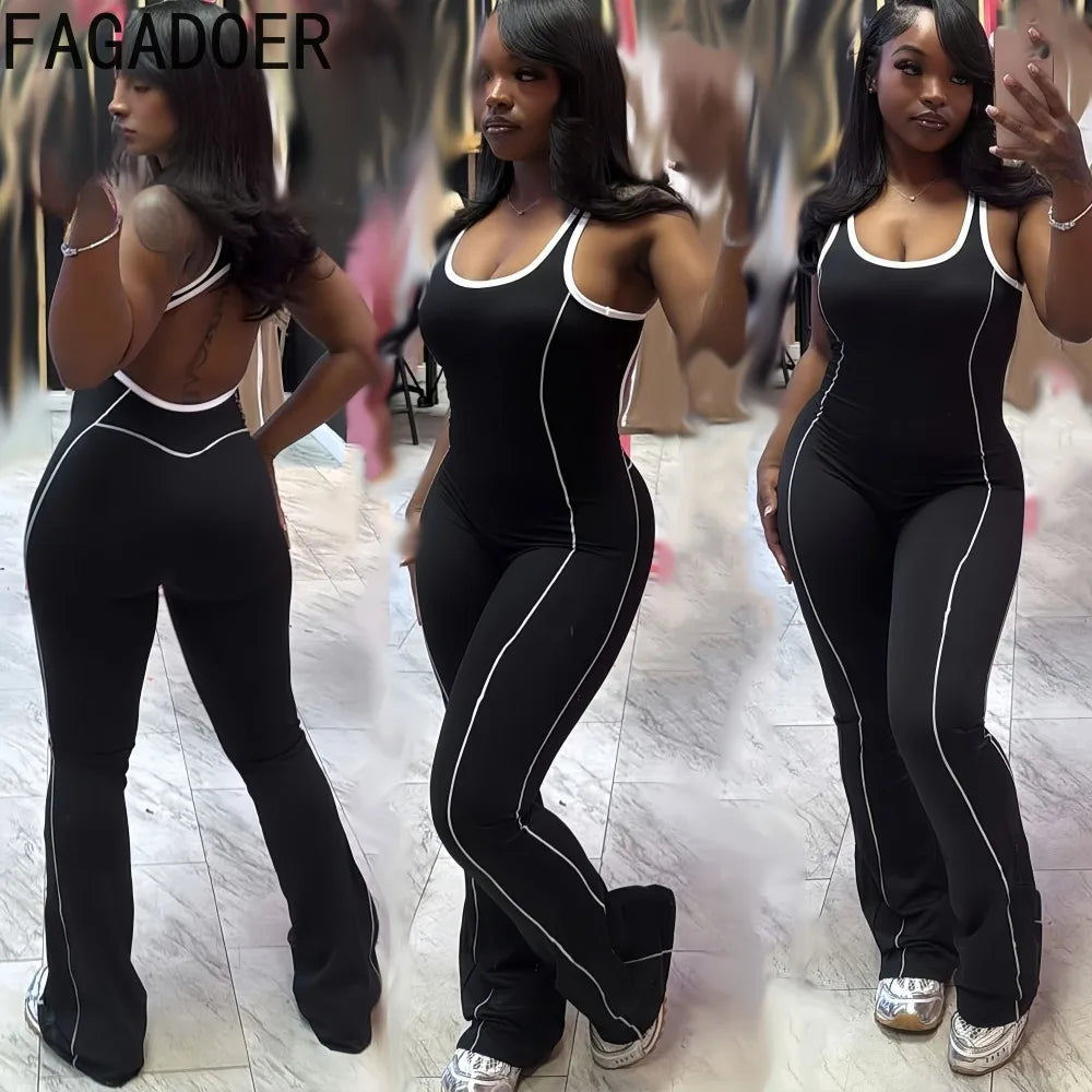FAGADOER Trendy Women's Clothes Crop Jacket and Backless Jumpsuits 2 Piece Set Casual Workout Joggers Two Piece Outfits Woman