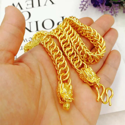 Outdoor Wear-Resistant Dragon Head Double Row Necklace For Men 24K Gold AU999, durable for daily labor and sports