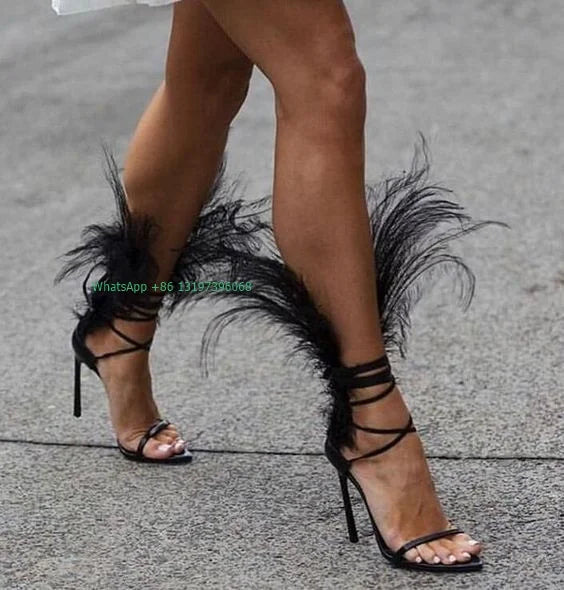 Lady fur sexy black feather design lace up high heels open toe T show sandals solid elegant pumps banquet footwear party shoes