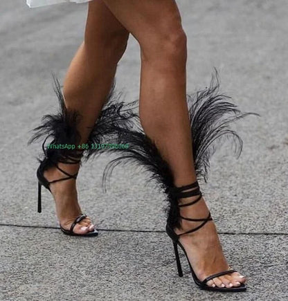 Lady fur sexy black feather design lace up high heels open toe T show sandals solid elegant pumps banquet footwear party shoes