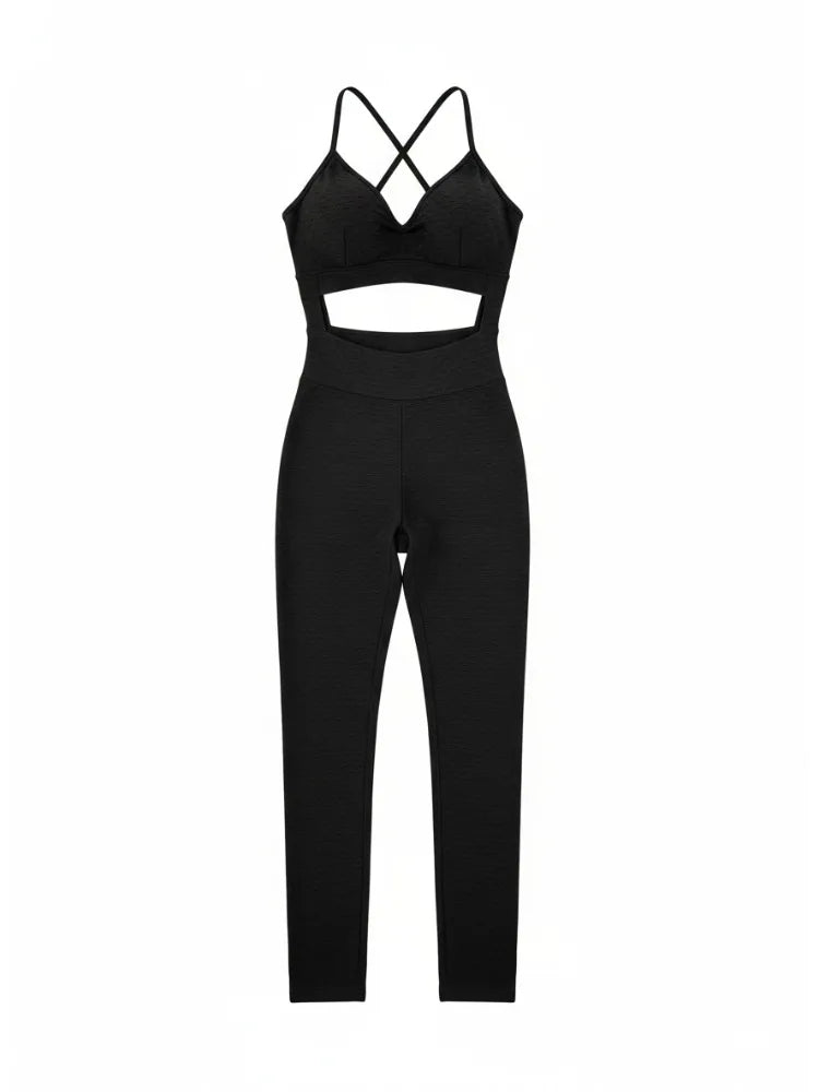 Female Fitness Sportswear Black Sleeveless Solid Belly Cutout Cross Bandage Backless Jumpsuits For Women 2026 New