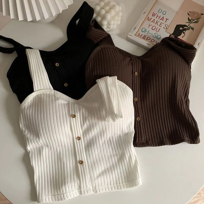 Women's Y2K Cropped Tops with Bra Pads Summer Corset Korean Suspenders Vest Sexy Camisole Slim Solid Casual Fake Buckle Tops