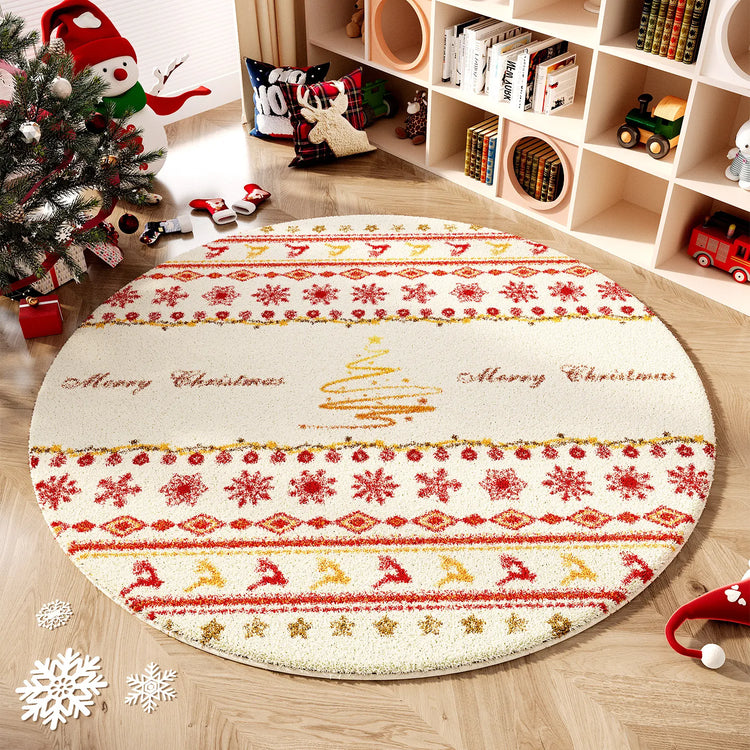 Christmas Round Faux Cashmere Area Rug Non Slip Soft Bedroom Bedside Carpet Xmas Holiday Home Decor Floor Mat for Living Room