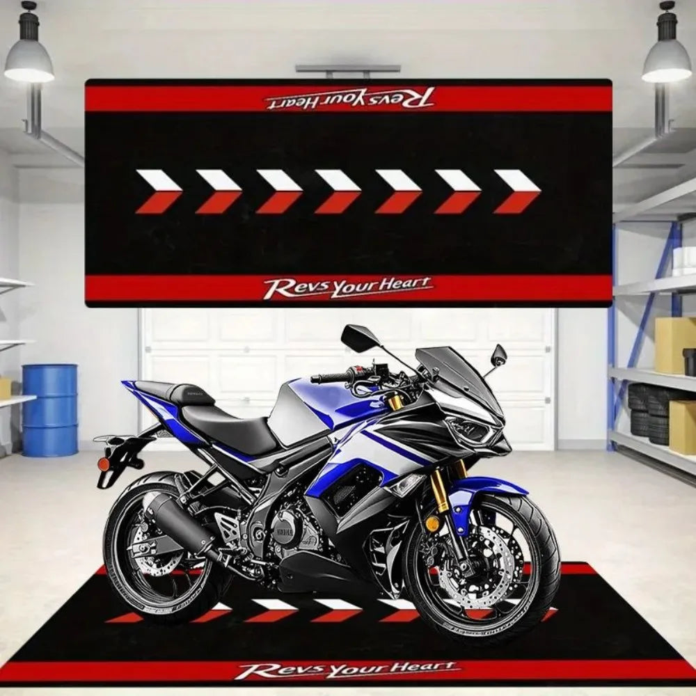 Revs Your Heart Motorcycle Mat Crystal Velvet Anti-Slip Garage Floor Mat for Motorbike Parking, Oil Absorbent, Home Garage Decor