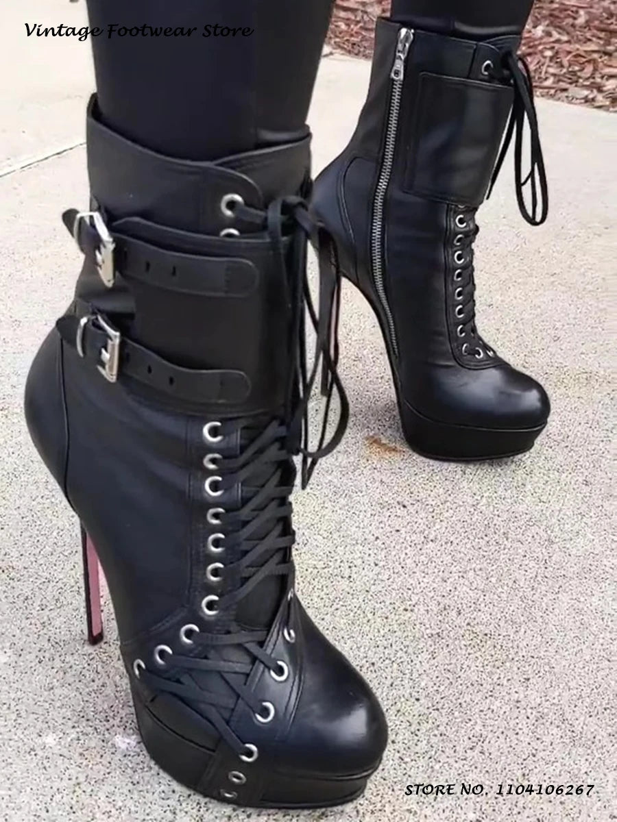 Black Platform Stiletto Ankle Boots Round Toe Thin Heels Cross-tied Plus Size Shoes Women's Spring Autumn Fashion Zipper Booties