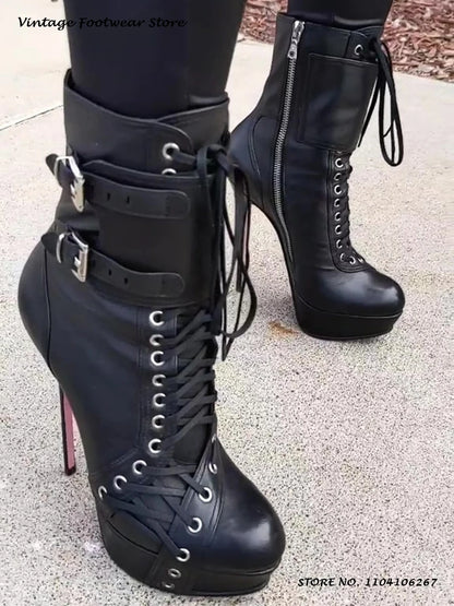 Black Platform Stiletto Ankle Boots Round Toe Thin Heels Cross-tied Plus Size Shoes Women's Spring Autumn Fashion Zipper Booties