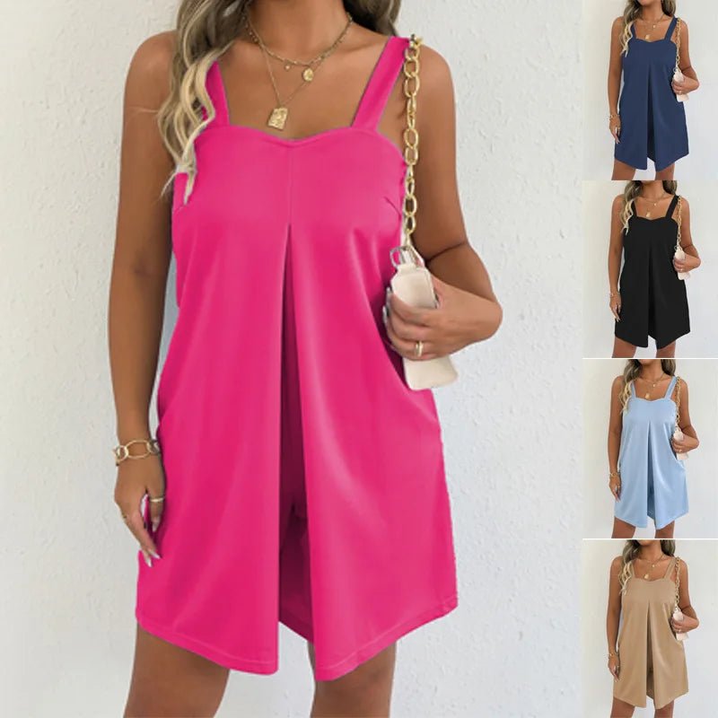Women Sleeveless Strap Short Romper Heart Neck Pleated Wide Leg Jumpsuit With Pockets Loose Summer Casual Beach Vacation Outfit