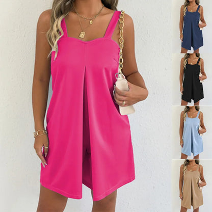 Women Sleeveless Strap Short Romper Heart Neck Pleated Wide Leg Jumpsuit With Pockets Loose Summer Casual Beach Vacation Outfit