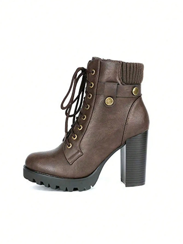 Women's Lace Up Combat Ankle Boots High Chunky Heel Fashion Heeled Booties Shoes Black Boots Ankle Boots