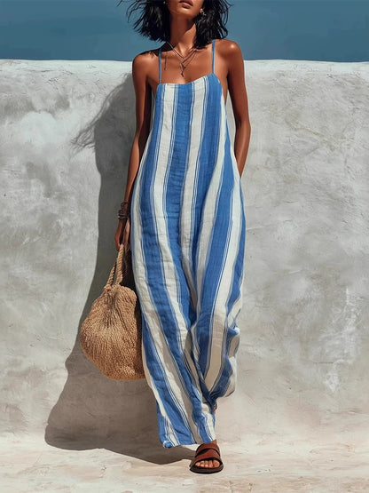Women's Striped Print Street Loose Casual Sleeveless Pocket Playsuits Elegant Off Shoulder Suspender Jumpsuits and Rompers