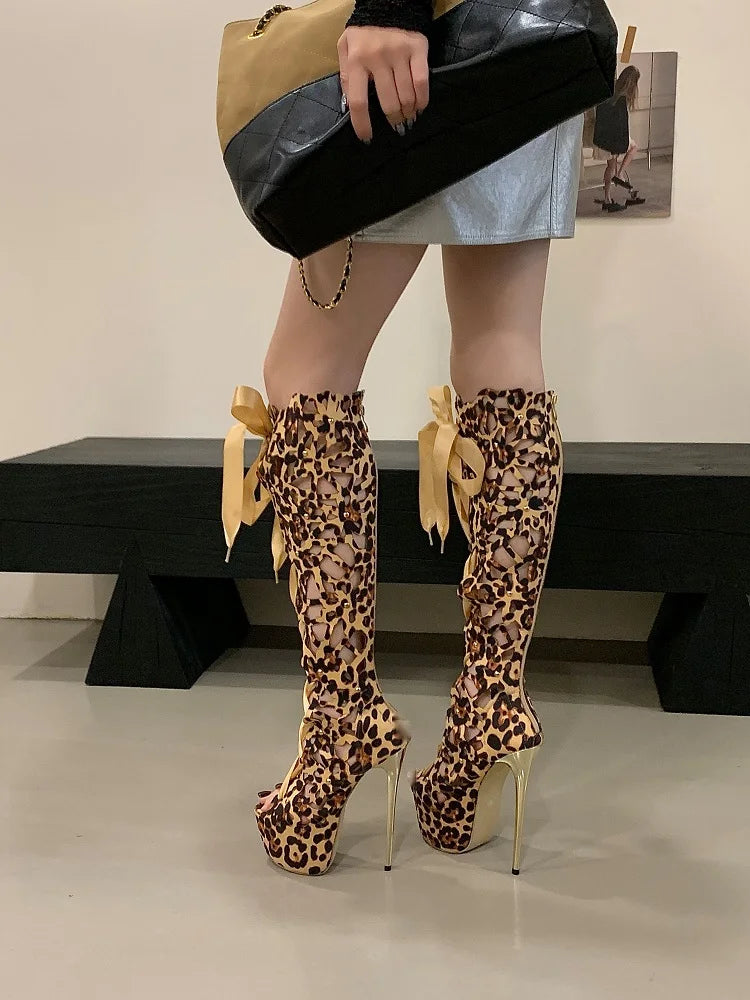 Aneikeh Sexy Leopard Print Hollow Out Ultra-high Heels Knee-High Boots Lady Club Stripper Peep Toe Platform Sandal Long Booties