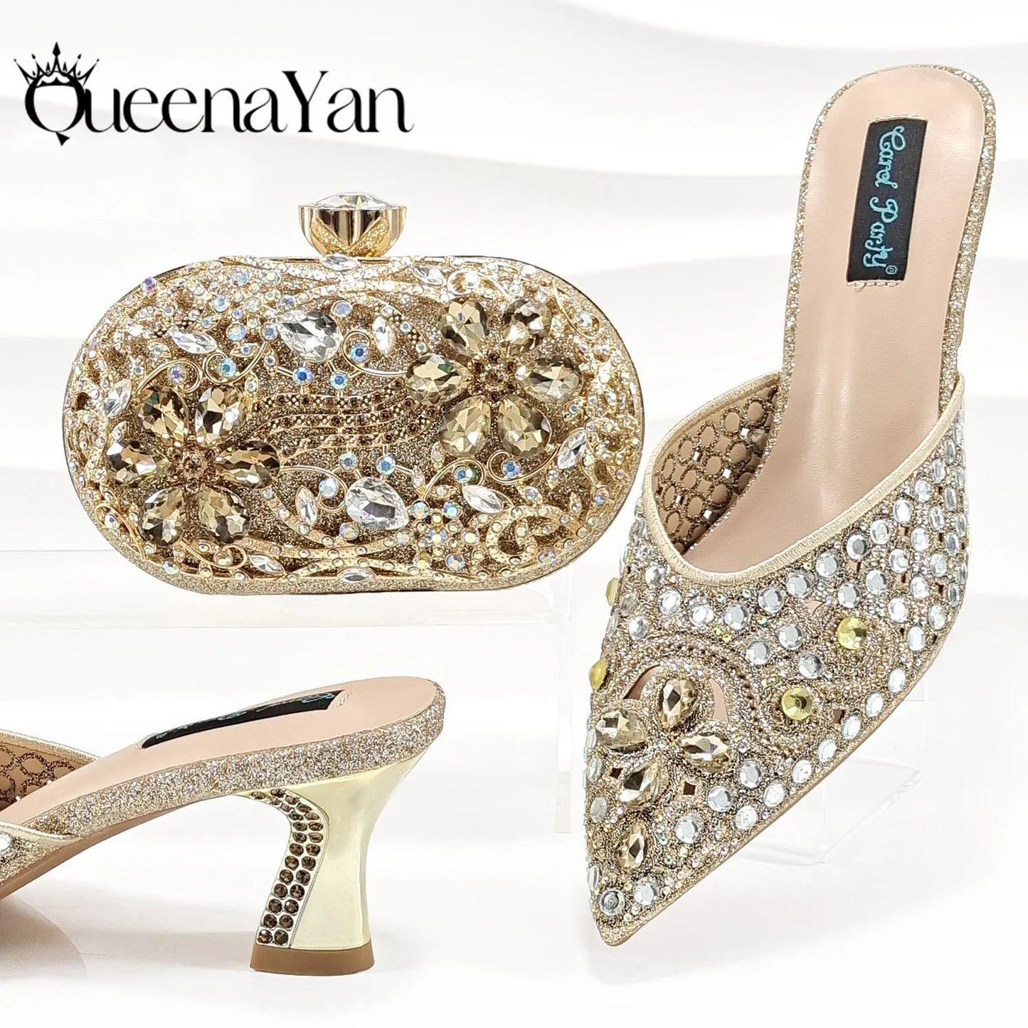 QUEENA YAN Luxury Pink Rhinestone Party Shoes and Clutch for Women- Elegant Crystal Heels with Matching Evening Bag
