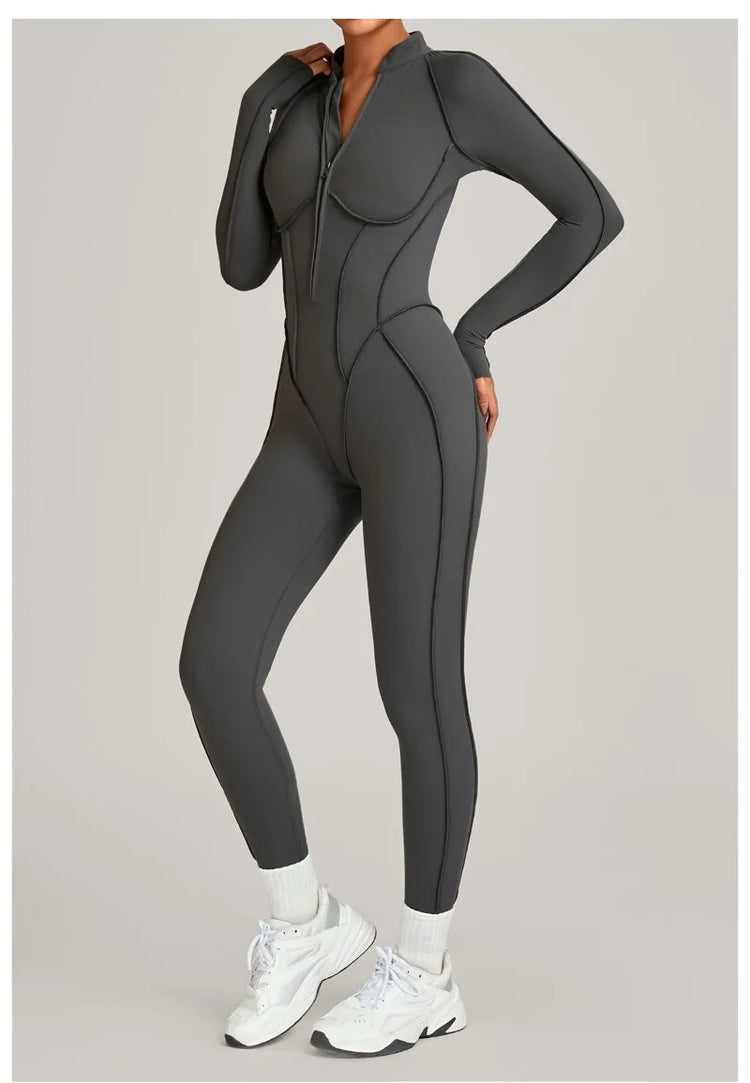 Women's Winter Yoga Jumpsuits Sports Fitness Hip-Lifting Slimming One-piece Zipper Long-Sleeved Outdoor Gym Workout Bodysuits