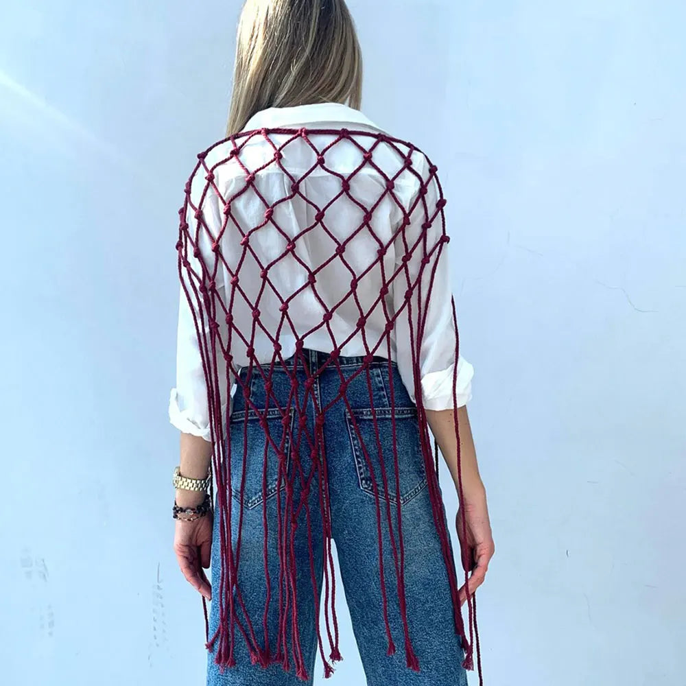 Bohemian Bikini Cover Up Skirt Netted Fringe Scarf Shawl Decorative Tassel Ethnic Handwoven Mesh Tassel Waistband Butt Curtain