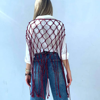 Bohemian Bikini Cover Up Skirt Netted Fringe Scarf Shawl Decorative Tassel Ethnic Handwoven Mesh Tassel Waistband Butt Curtain