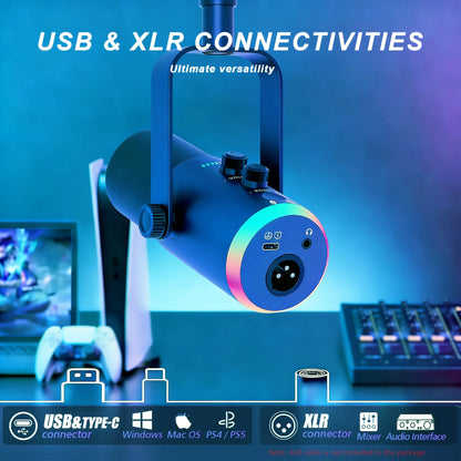 XLR/USB Gaming Microphone Kit: Dynamic PC Mic for Streaming Podcasting, Software Support, Mute Button, RGB Computer Mic