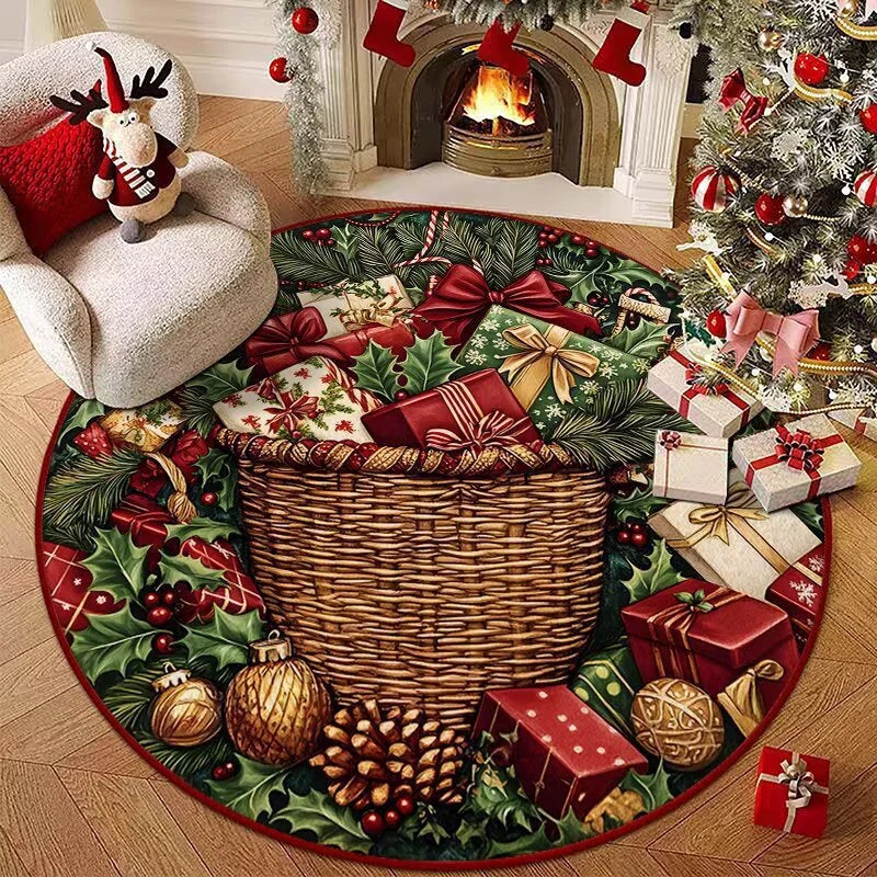 Christmas Style Living Room Decoration Red Carpet Round Rugs for Bedroom Washable Lounge Soft Floor Mat Anti-slip Children's Rug