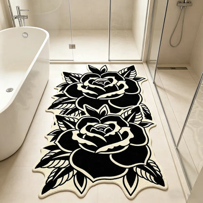 Fashion Retro Black White Rose-Shaped Living Room Carpet Light Luxury Bedroom Bedside Rug Soft Comfortable Floor Mat Home Decor
