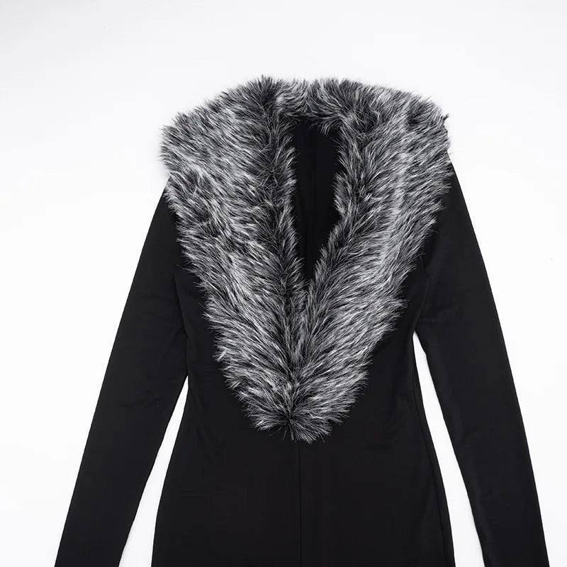 FAGADOER Women Bodycon One Piece Jumpsuit Faux Fur Patchwork Trim Deep V Long Sleeve Stretch Slim Fit Sexy Streetwear Outfit New