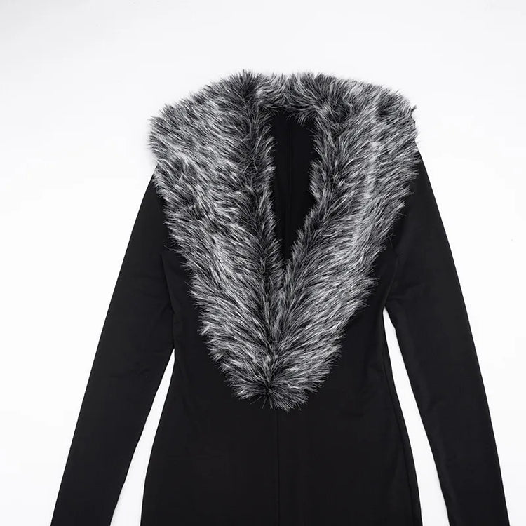 FAGADOER Women Bodycon One Piece Jumpsuit Faux Fur Patchwork Trim Deep V Long Sleeve Stretch Slim Fit Sexy Streetwear Outfit New