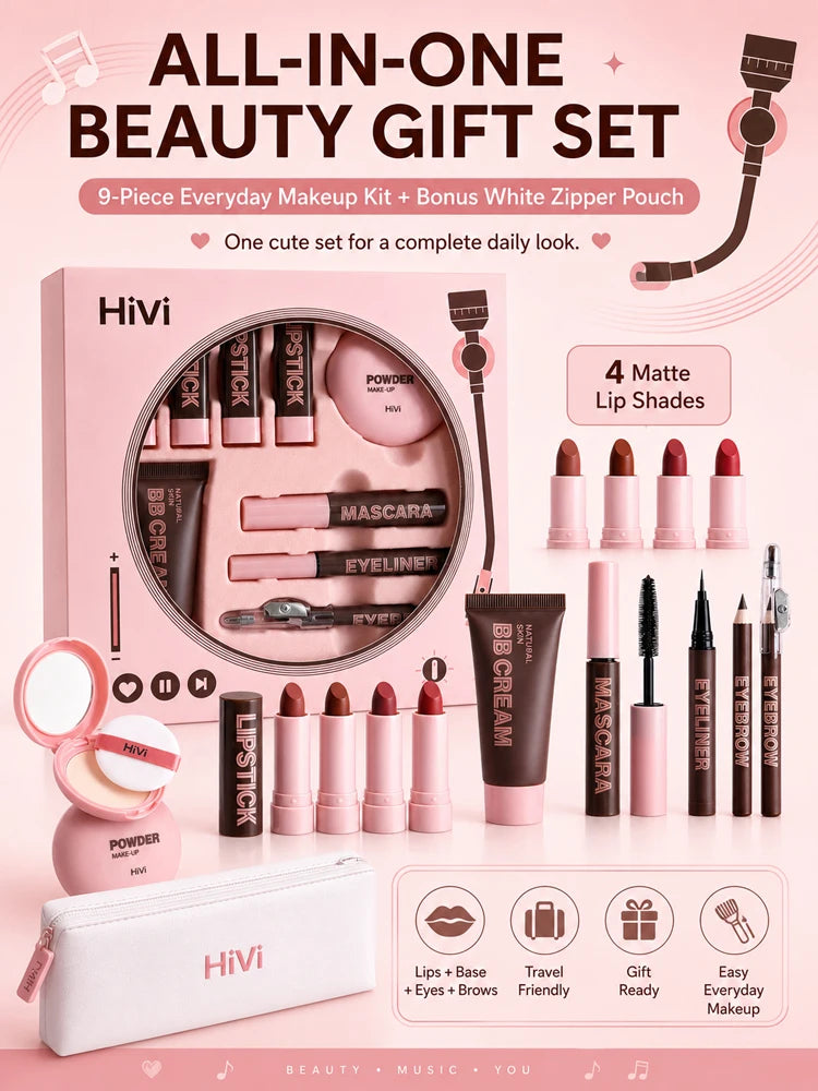 9PCS Makeup Gift Set for Women, All-in-One Lipstick Mascara Eyeliner BB Cream Powder Compact, Travel Beauty Kit for Beginners
