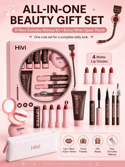 9PCS Makeup Gift Set for Women, All-in-One Lipstick Mascara Eyeliner BB Cream Powder Compact, Travel Beauty Kit for Beginners