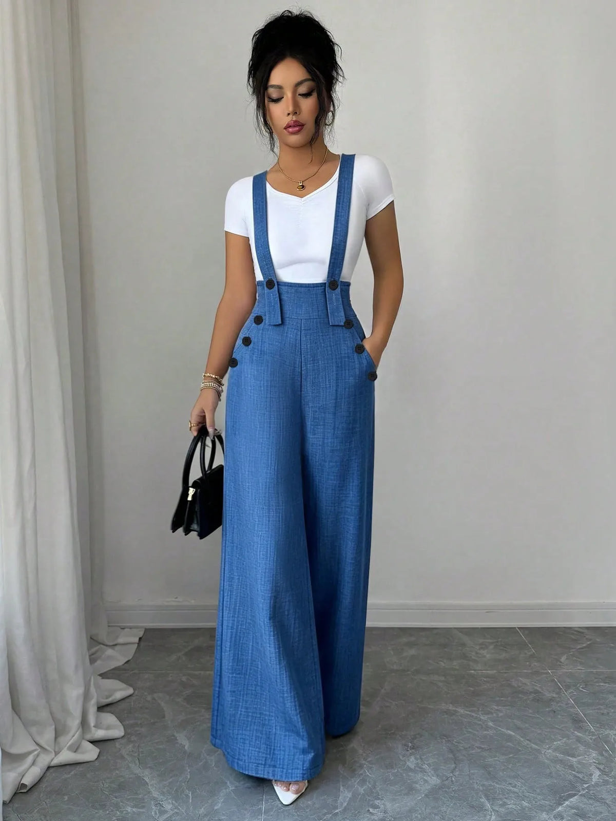 Women's Casual Elegant Button Detail Wide Leg Pants Overalls Trendy Comfortable Fashionablealls