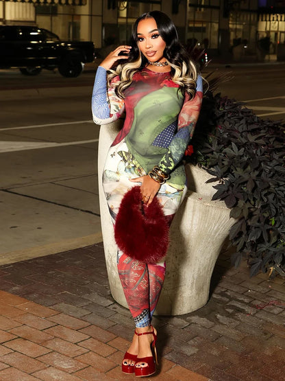 Sisterlinda Hip Jumpsuits Woman Hot Girls Colorful Print Autumn Trend o-Neck Full Sleeve Skinny Street Sexy Fashion Overalls