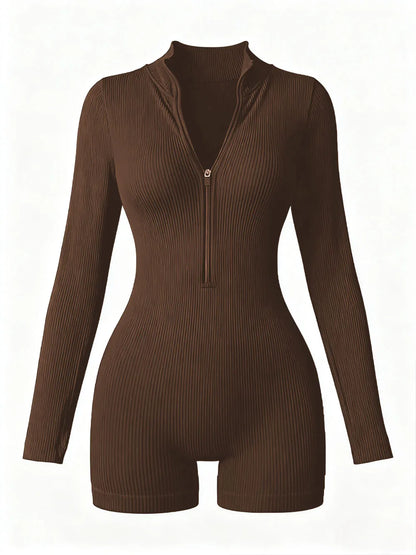 Women's Solid Color Half Zip Ribbed Knit Short Sleeve Romper Sports Soft Slim Fit Mock Neck Jumpsuit Streetwear 2025 Summer