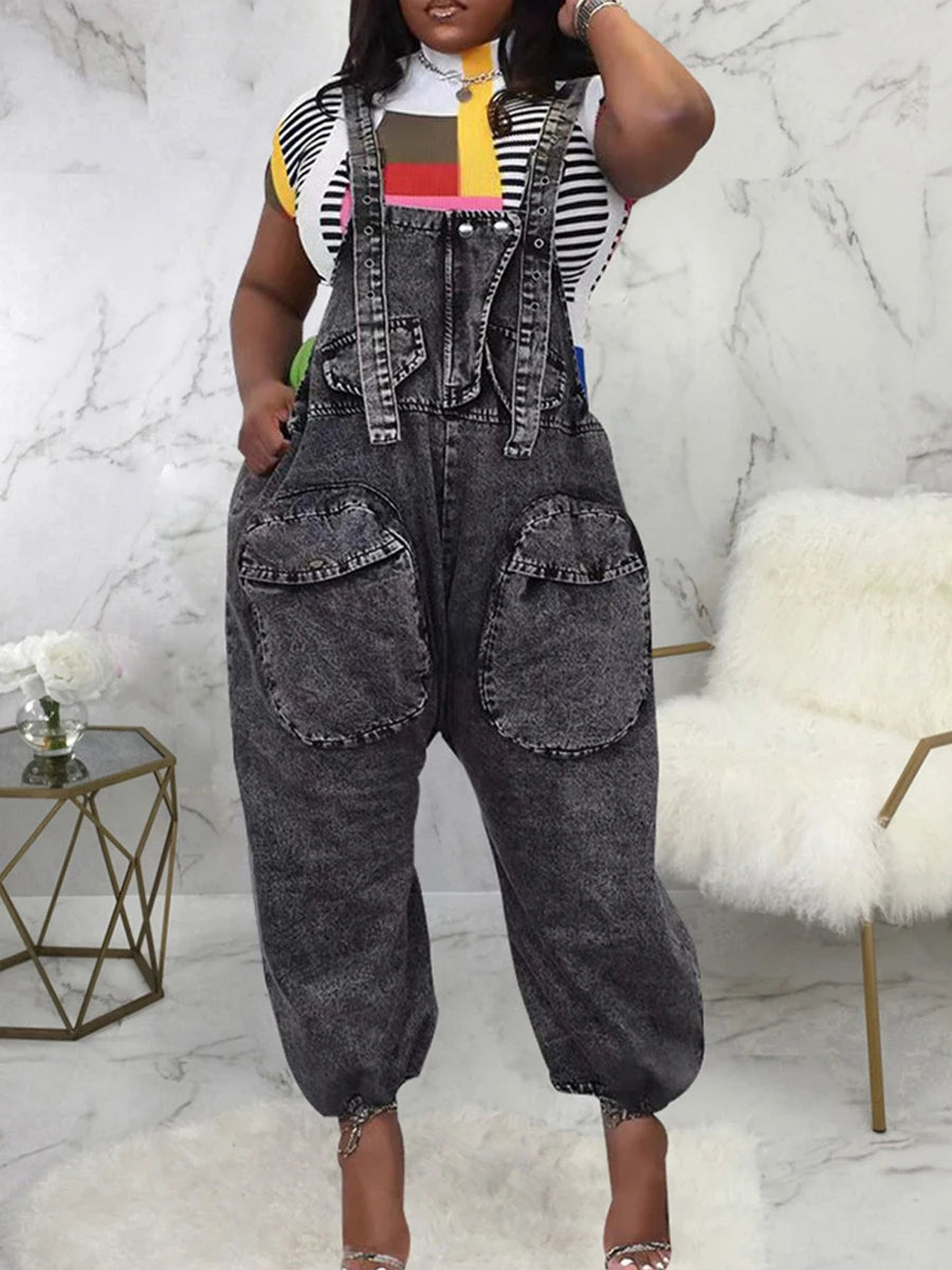 TWOTWINSTYLE Casual Denim Jumpsuit For Women Square Collar Sleeveless High Waist Patchwork Pockets Jumpsuits Female Fashion New