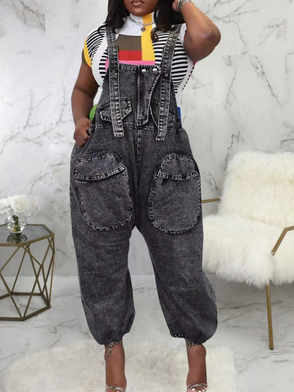 TWOTWINSTYLE Casual Denim Jumpsuit For Women Square Collar Sleeveless High Waist Patchwork Pockets Jumpsuits Female Fashion New
