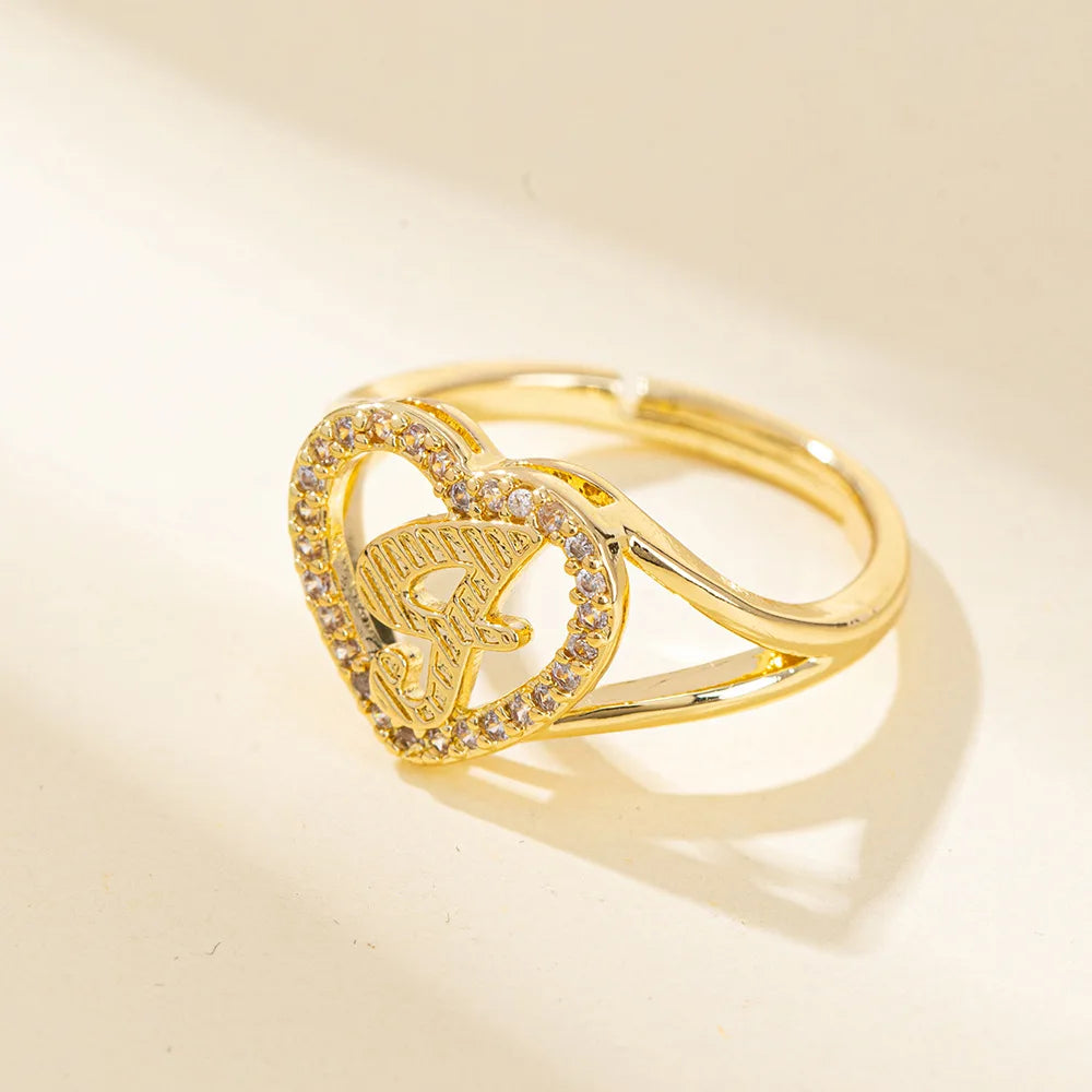 White Zircon 26 Letters A-Z Love Heart Open Adjustable Rings For Women Gold Silver Color Wedding Band Jewelry Mother's Day Gifts