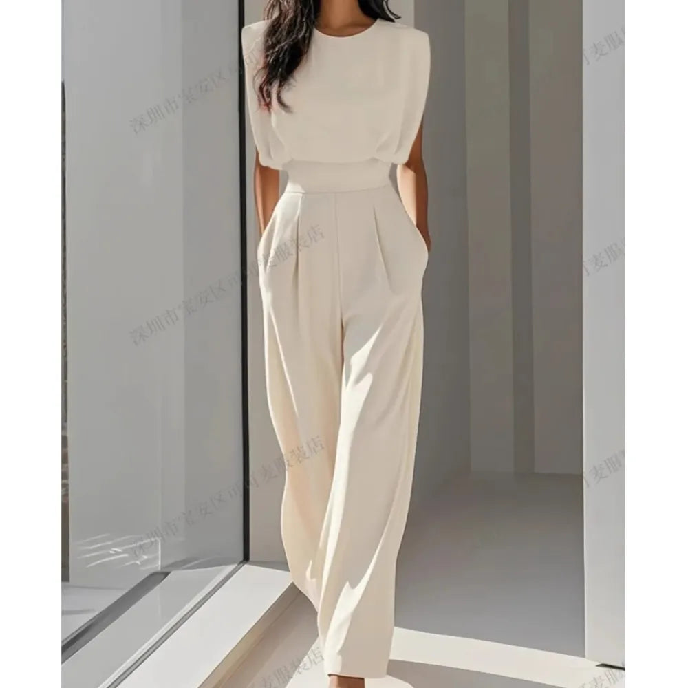 Elegant High Waisted Jumpsuit New Women's Fashion Queen Style Summer Solid Color Waistband Pocket Office Capable Jumpsuit