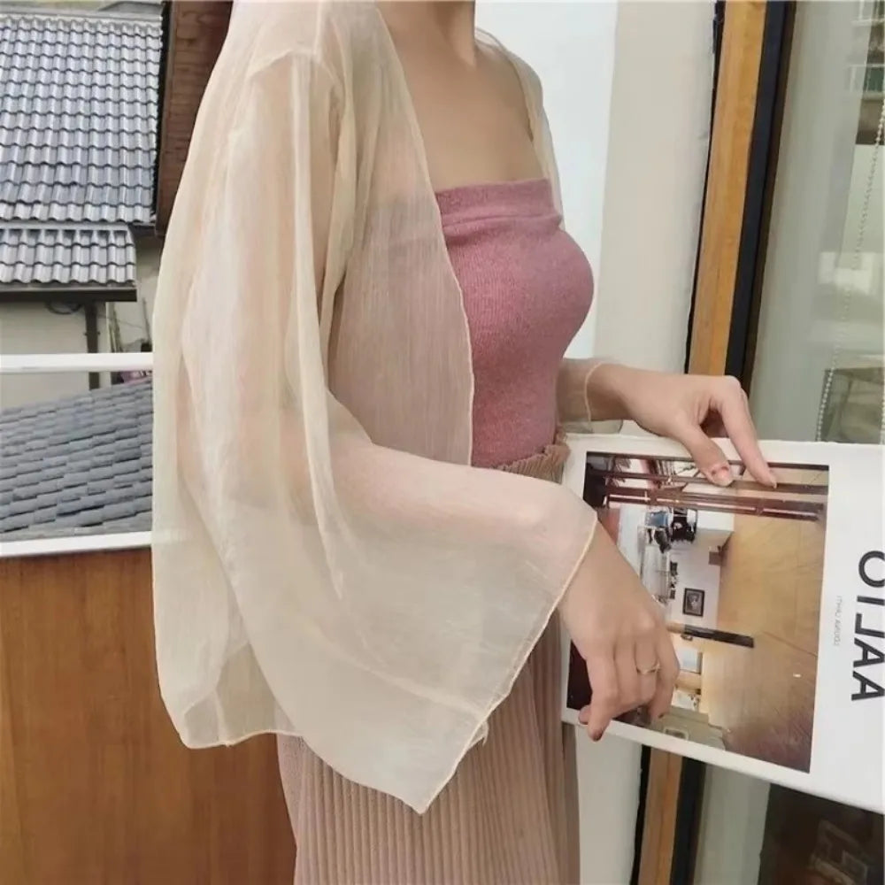 Casual Crinkle Women Cardigan Loose Chiffon Short Shawl See Through Transparent Thin Section Top Small Jacket