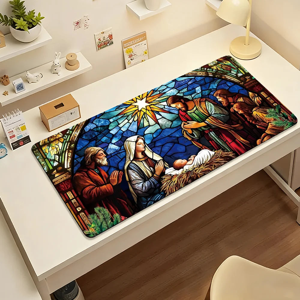 Christmas Nativity Scene Mouse Pad Large Non-Slip Waterproof Mat Stitched Edge Keyboard Pad for Gaming Daily Office