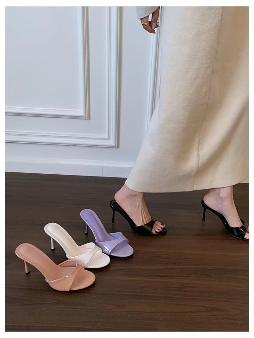Women Slippers Sandals Fashion Round Open Toe Thin High Heels Mule Slides Summer Party Dress Pumps Shoe Comfortable Sandal Mujer