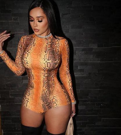 Sexy Round-neck Long-sleeve Leopard-print Tight Slim Bodycon Rompers Bodysuit Women Daily Outfit Summer Clothes Festival