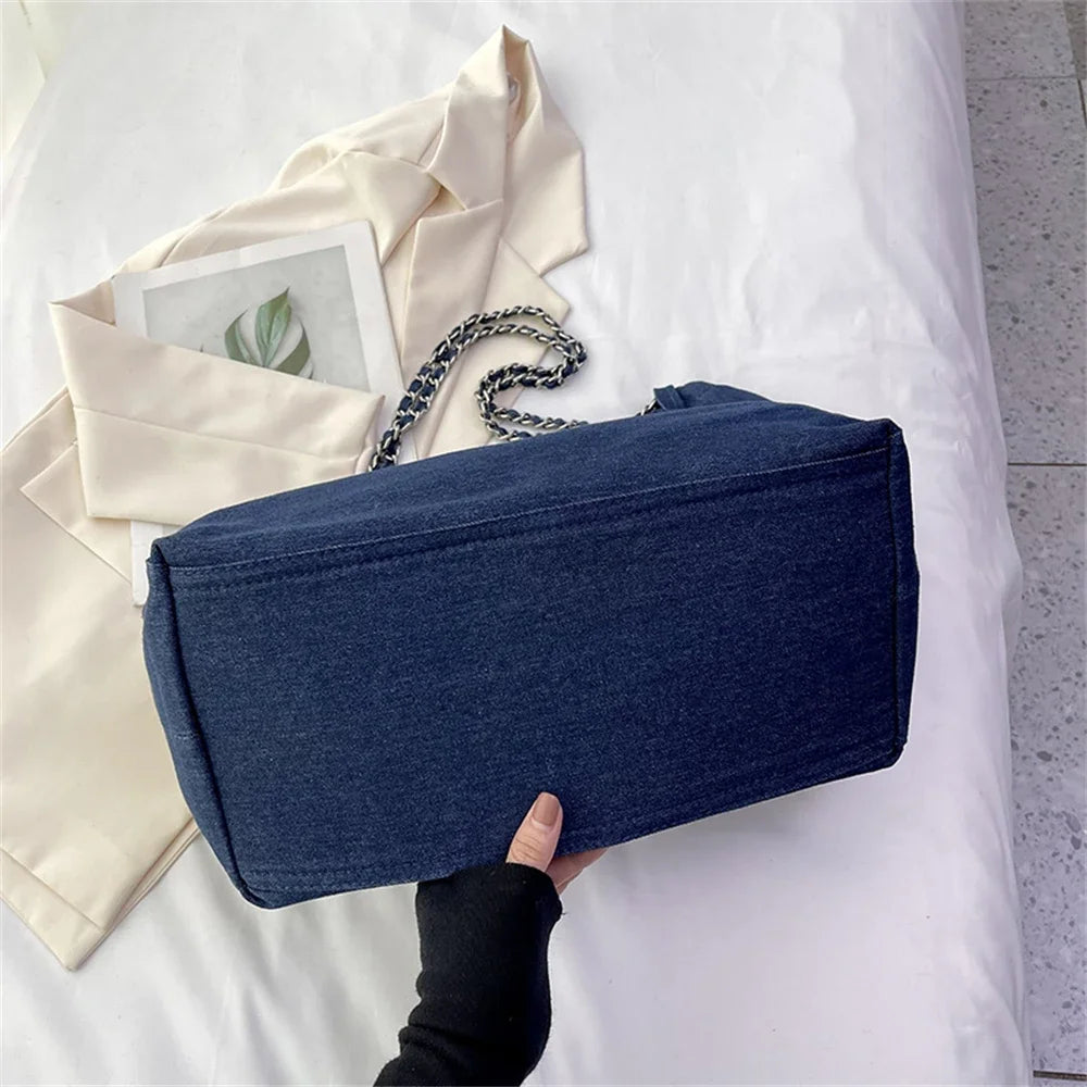 Chic Style Big Chain Shoulder Tote Bags For Women 2023 Luxury Designer Handbags Denim Fabric Pure Color Large Capacity Shoppers