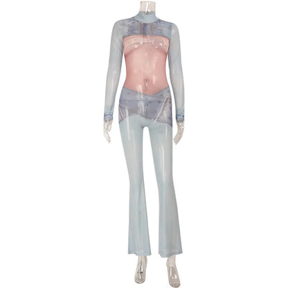 Sexy Denim Print Mesh Jumpsuit Women Chic Sheer Body Silhouette Rompers Elegant Long Sleeve Party Festival Clubwear Outfits 2026
