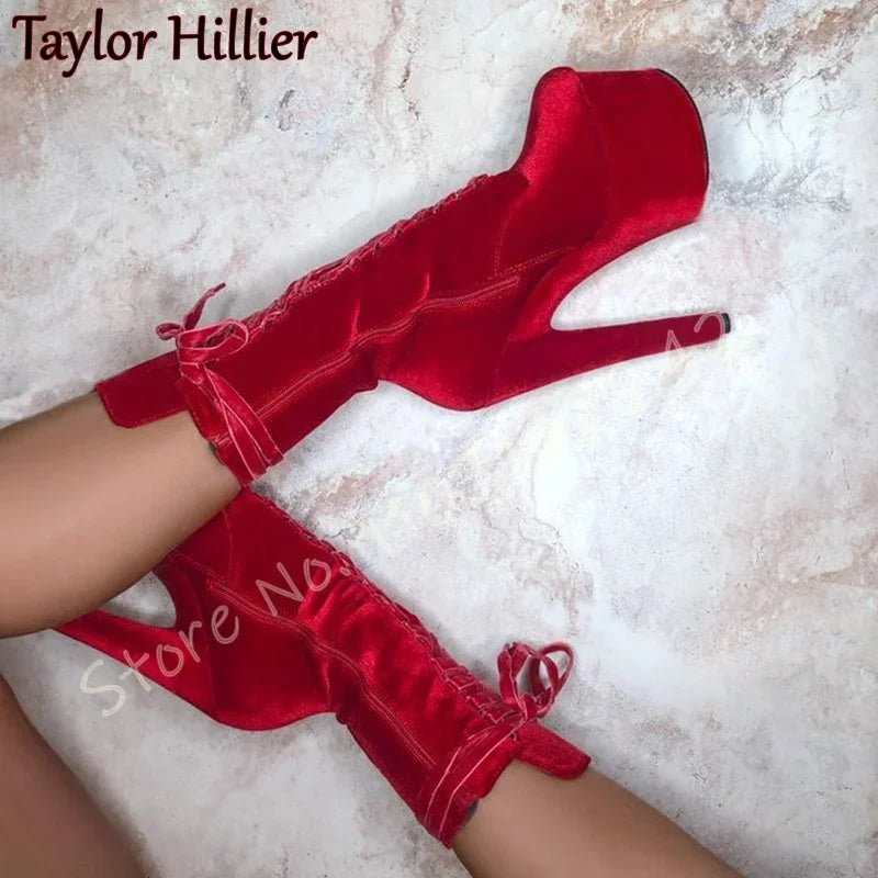 Velvet Super High Heel Ankle Boots Sexy Side Zipper Lace-Up Nightclub Thick-Soled Ankle Boots Elegant Catwalk Pole Dance Boots