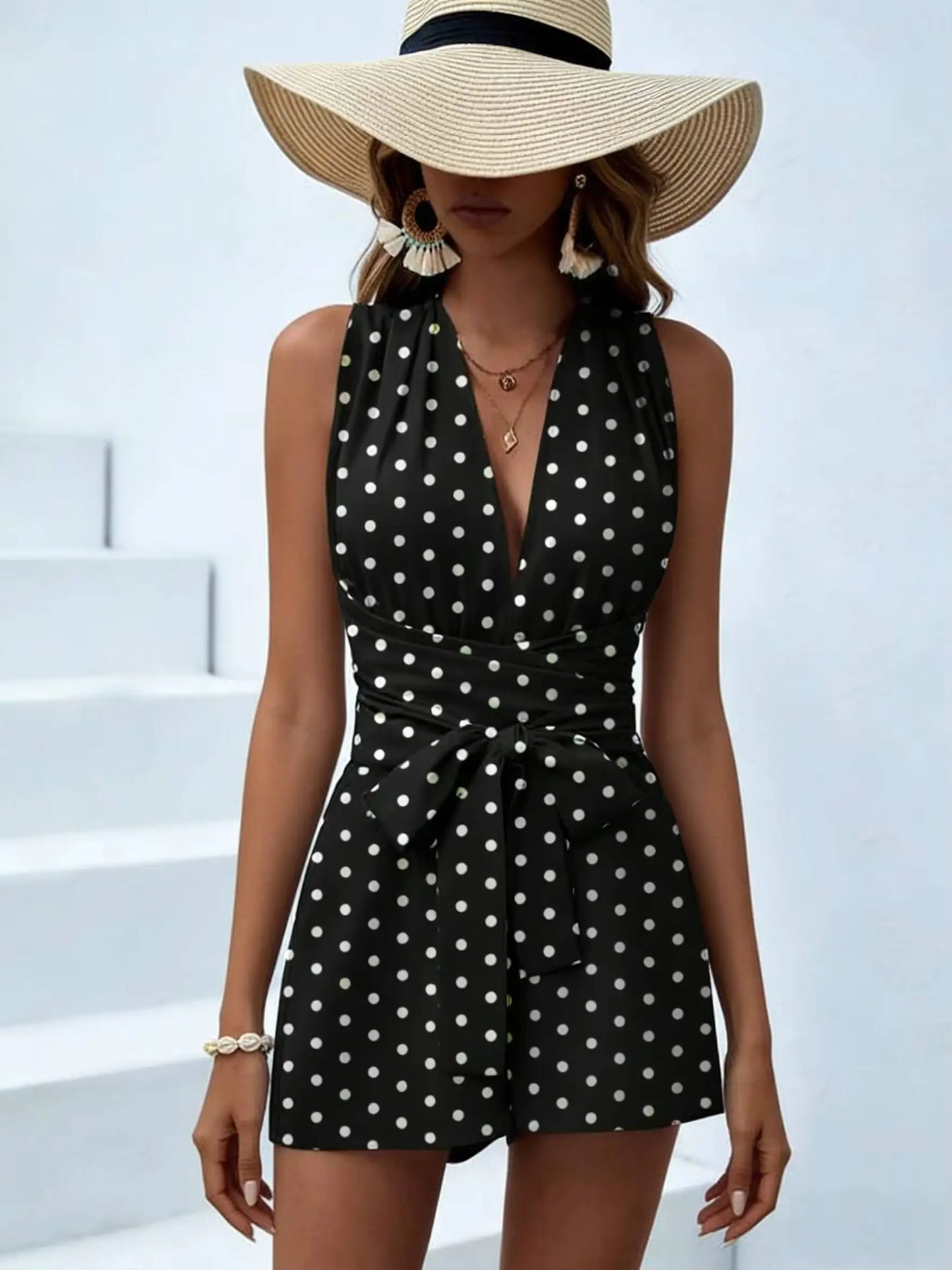 Women Halter Sleeveless Deep V Belted Polka Dot Fitted Romper Boho Spring Summer Vacation Beach Lightweight Breathable Romper